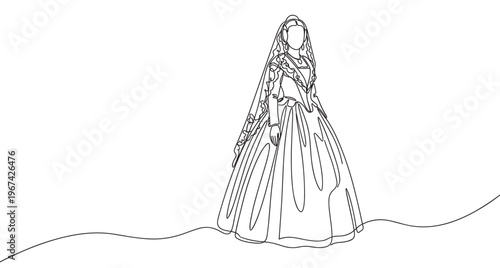 Elegant woman wearing traditional dress with a long veil and ornate details, drawn in a continuous line art style