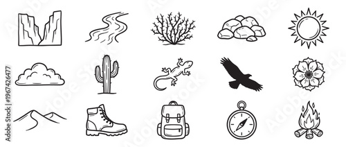 Collection of hand-drawn desert and outdoor elements including mountains, cactus, sun, and camping gear in a simple doodle style