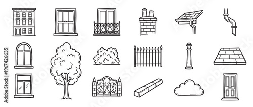 Various hand-drawn black and white architectural and nature elements are neatly arranged, showcasing a charming doodle style