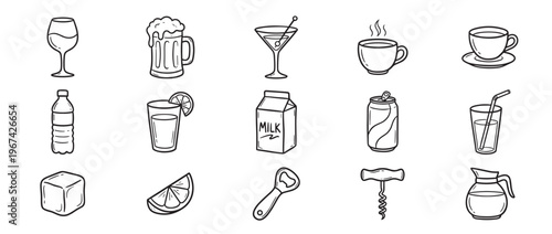 Collection of hand-drawn black and white beverage icons with various drinks and related items in a doodle style