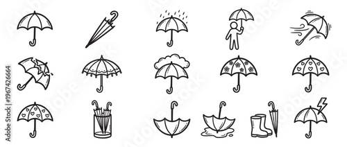 Collection of hand-drawn doodle umbrella icons in various states and designs, depicting weather and seasonal themes