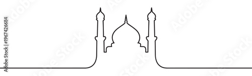 Simple black line art drawing of a mosque with a central dome and two minarets, presented in a minimalist style