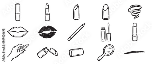 Various hand-drawn black outline makeup and cosmetic items, including lipsticks, lip gloss, and a mirror, are arranged on a clean white surface