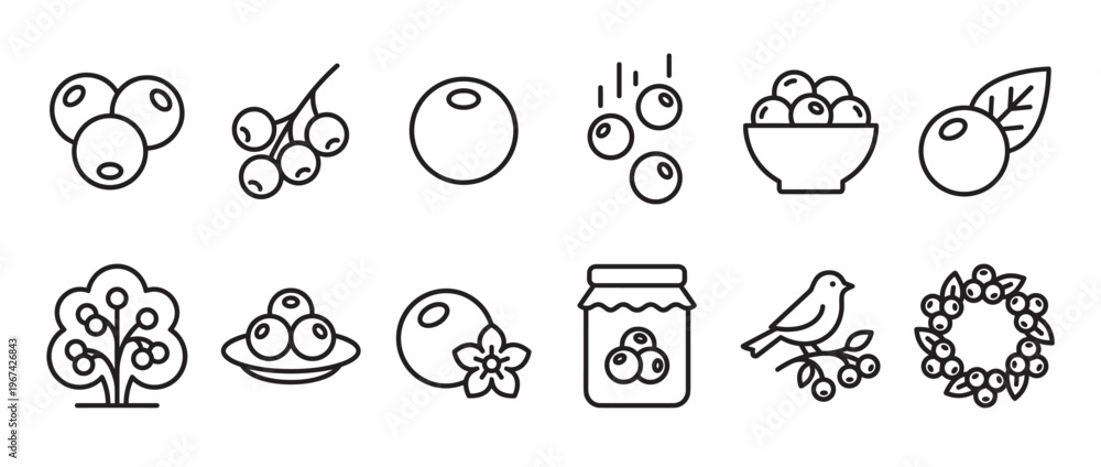 Fototapeta premium Collection of simple black outline blueberry icons, depicting various forms of the fruit and related items, presented with clean lines