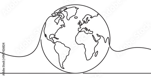 Simple black line art drawing of the Earth globe with continents, symbolizing global connection and unity