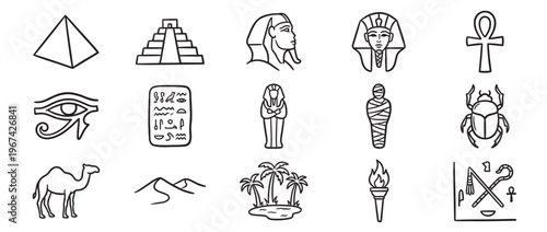 Collection of hand-drawn Egyptian symbols and icons, including pyramids, pharaohs, hieroglyphs, and desert elements, presented as simple black outlines