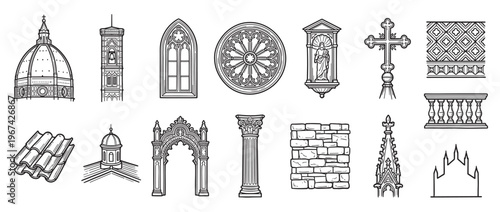Collection of hand-drawn architectural elements in black and white, featuring various historical building details and religious symbols