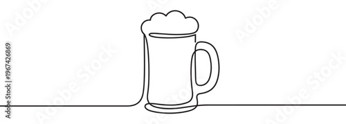 Single continuous line drawing of a beer mug with a foamy head, rendered in a minimalist graphic style
