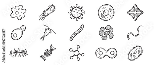 Collection of hand-drawn black and white microbiology icons depicting various bacteria, viruses, cells, and microorganisms in a doodle style