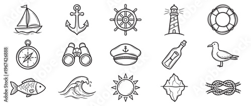 Collection of hand-drawn nautical themed line art icons, featuring various marine elements in a simple, illustrative style