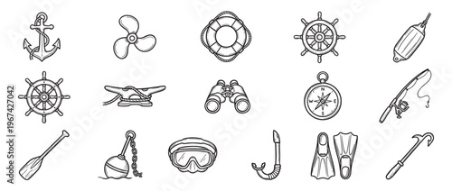Collection of fifteen hand-drawn black and white nautical and diving icons, featuring various marine equipment in a clean, illustrative style