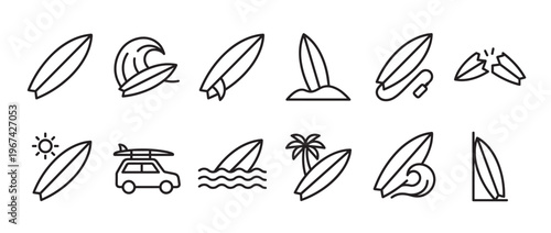 Collection of twelve black outline surfboard icons depicting various surfing activities and beach scenes
