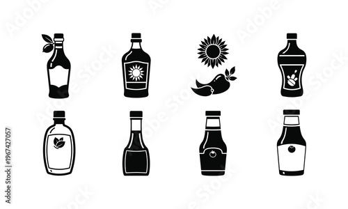 Black and white icons of various condiment bottles and bottle-shaped containers