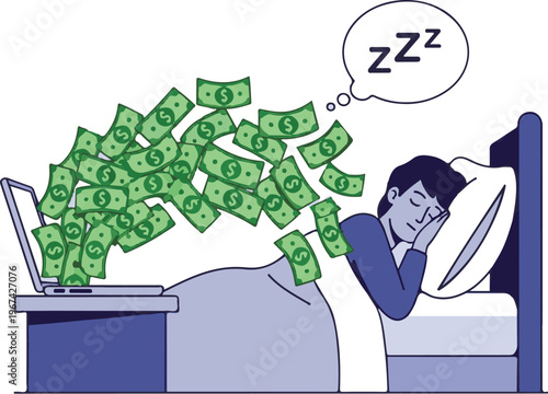 A cartoon man sleeping in bed with money flying out of his laptop