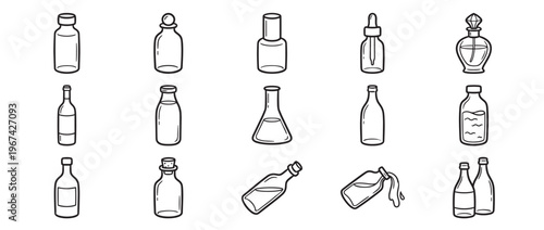 Various hand-drawn outline illustrations of different bottles, vials, and flasks in a simple, clean style