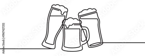 Three continuous line art beer glasses with frothy heads, including a mug and two tall glasses, depicted in a simple, modern style