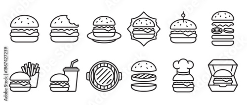 Collection of black outline burger icons in various styles, including a bitten burger, a burger with fries, and a burger in a box