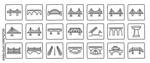 Large collection of various bridge types and structures are depicted in simple black and white line art icons