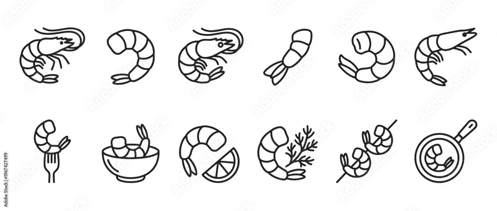 Fototapeta premium Collection of various simple line art shrimp icons, including whole shrimp, peeled shrimp, and shrimp prepared with lemon or on a skewer