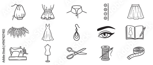 Collection of hand-drawn fashion and sewing icons, including clothing, accessories, and tools, presented in a clean, illustrative style