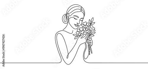 Beautiful woman with closed eyes gently holds a bouquet of flowers in a continuous line art style