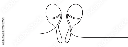 Two maracas drawn with a single continuous black line on a clean white surface, creating a minimalist musical instrument illustration
