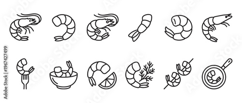 Collection of various simple line art shrimp icons, including whole shrimp, peeled shrimp, and shrimp prepared with lemon or on a skewer