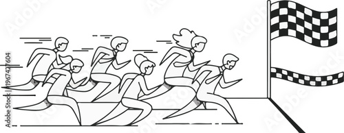 A group of athletes sprinting towards the finish line with checkered flags