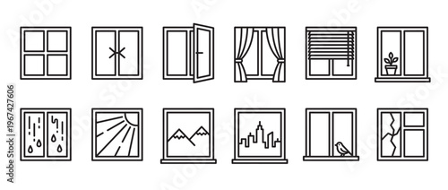 Collection of various window line icons showing different styles, views, and weather conditions in a clean, minimalist design