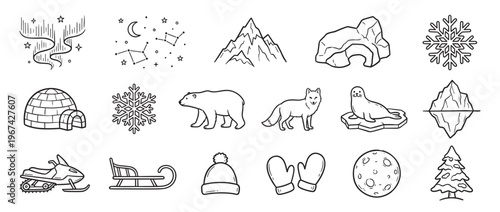 Collection of hand-drawn black and white line art icons depicting various arctic and winter elements, animals, and objects