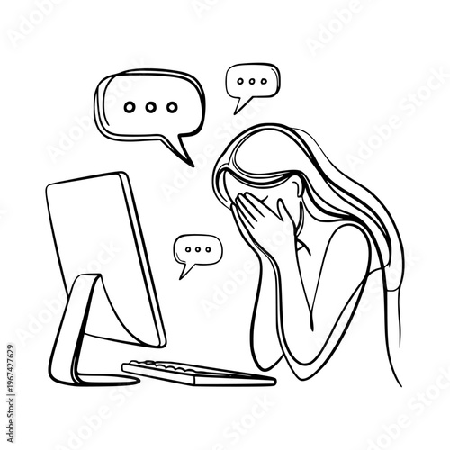 Line art of a woman covering her face at a computer with chat bubbles on a white background, representing stress and overwhelm. Professional burnout syndrome