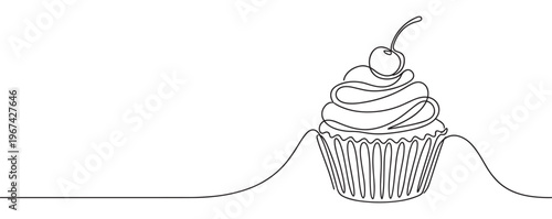 Delicious cupcake with swirled frosting and a cherry on top, drawn in a continuous single black line art style