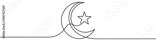 Continuous line drawing of the Islamic crescent moon and star symbol, rendered in a minimalist black outline style