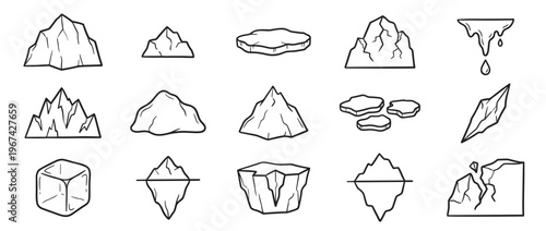 Various hand-drawn black outline icebergs and ice floes are depicted in a simple, graphic style