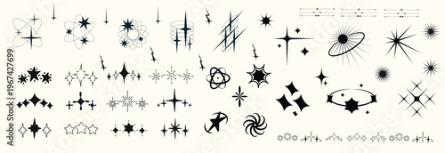 Y2K stars and Retrofuturistic symbols set with flashes, comets, and sparkles. Y2K-inspired vector pack for prints and clothing. Stylish cyber shapes and vaporwave vibe. Stars and flash. Vector set 