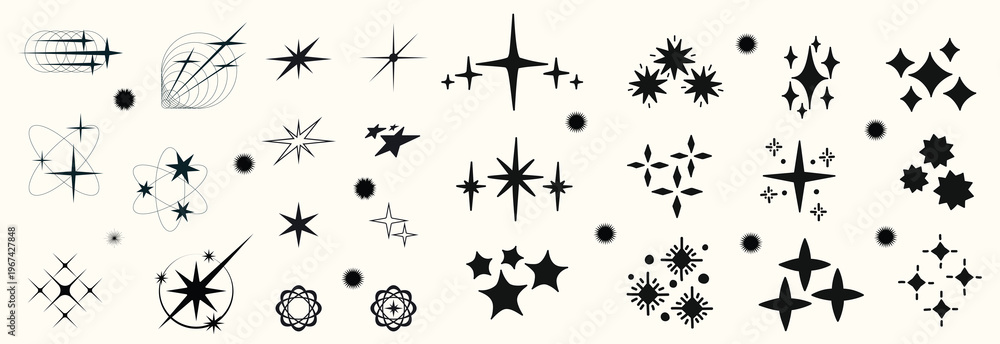 Obraz premium Y2K stars and Retrofuturistic symbols set with flashes, comets, and sparkles. Y2K-inspired vector pack for prints and clothing. Stylish cyber shapes and vaporwave vibe. Stars and flash. Vector set