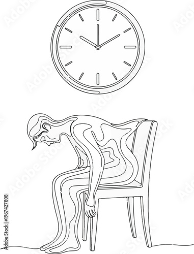 An illustration of a person feeling exhausted and stressed while sitting on a chair with a clock above them