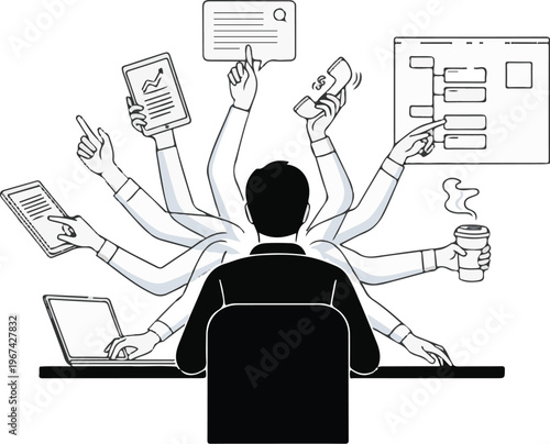 A busy businessman multitasking with various devices and paperwork at his desk