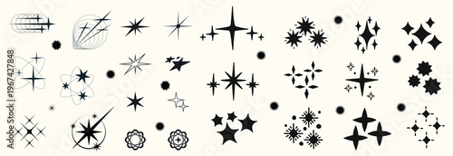 Y2K stars and Retrofuturistic symbols set with flashes, comets, and sparkles. Y2K-inspired vector pack for prints and clothing. Stylish cyber shapes and vaporwave vibe. Stars and flash. Vector set 