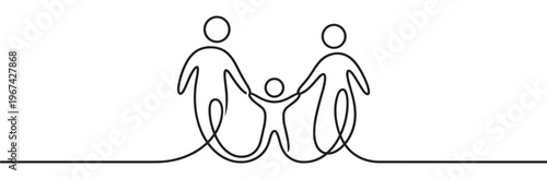 Continuous line drawing of a family with two parents and a child holding hands, symbolizing unity and connection