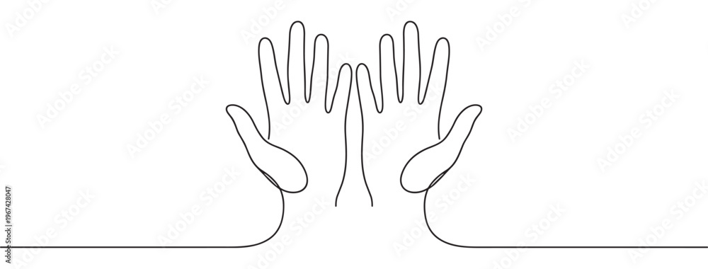 Obraz premium Two human hands with palms facing forward are drawn in a continuous black line art style