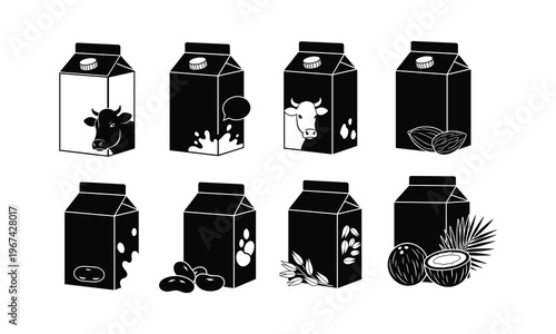 Illustrations of various dairy and plant-based beverage containers with icons