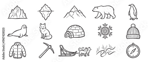 Collection of hand-drawn black and white line art icons representing various arctic and winter elements