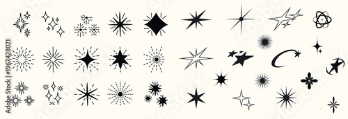 Y2K stars and Retrofuturistic symbols set with flashes, comets, and sparkles. Y2K-inspired vector pack for prints and clothing. Stylish cyber shapes and vaporwave vibe. Stars and flash. Vector set 