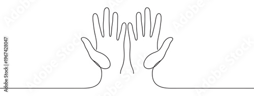 Two human hands with palms facing forward are drawn in a continuous black line art style