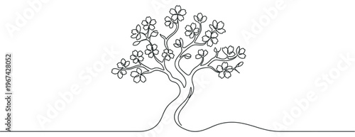 Elegant continuous line drawing of a blooming cherry blossom tree with delicate flowers and flowing branches, minimalist art style