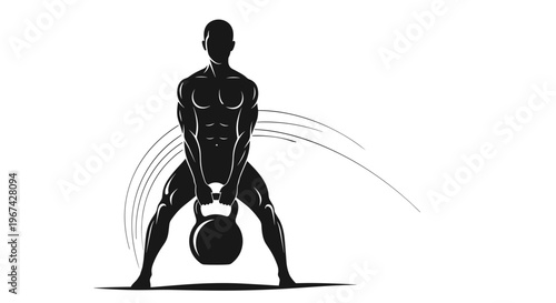 Man swinging kettlebell between legs in dynamic exercise posture  