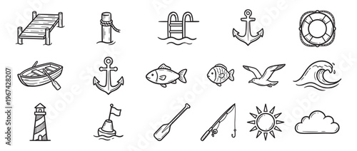 Collection of hand-drawn nautical and marine-themed black outline icons, including a dock, boat, anchors, fish, and lighthouse