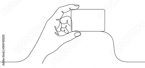 Single continuous line drawing of a human hand holding a blank rectangular card with rounded corners, presented clearly
