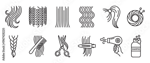 Collection of black outline icons depicting various hair types, styles, and salon tools, presented in a clean, minimalist vector illustration
